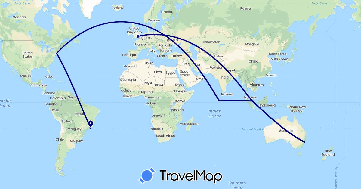 TravelMap itinerary: driving in Australia, Brazil, United Kingdom, Maldives, Singapore, United States (Asia, Europe, North America, Oceania, South America)